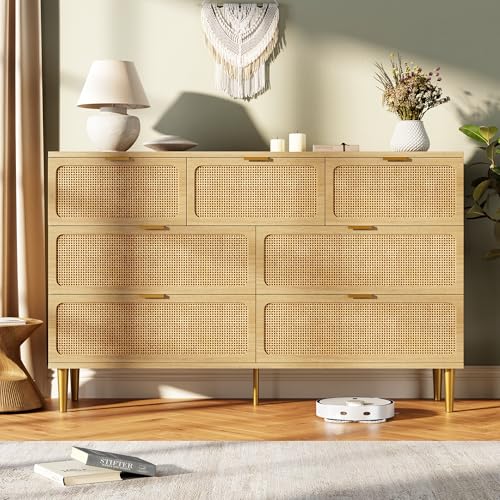 GarveeHome Rattan 7 Drawer Dressers for Bedroom Tall Dresser with Deep Drawers Large Chest of Drawers for Closet with Wide Top Long Wooden Dresser for Living Room Hallway Kids Room Natural
