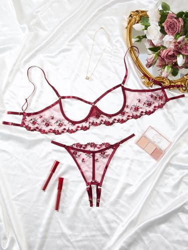 Image of Lilosy Sexy Underwire Floral Lace Sheer Lingerie Set for Women See Through Bra and Panty 2 Piece