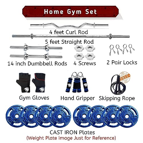 Image of BULLAR Home Gym Set, Home Gym Equipments For Men, Gym Equipment Set For Home Workout, Home Gym Kit With 20kg Iron Weight Plates 30mm, 4 Feet & 5 Feet Weight Lifting Rod, Dumbbell Rods & Accessories