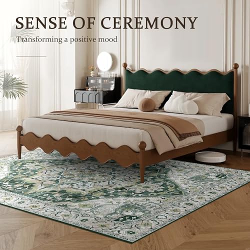 Deerly Green Vintage Area Rug 4x6 Washable Thin Boho Rug for Living Room Bedroom Non-Slip Lightweight Indoor Carpet for Kitchen Entryway Dining Room Office, Green/Multi