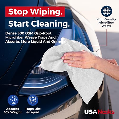 Image of USANOOKS Microfiber Cleaning Cloth - White - 12Pcs (12.5x12.5 inch) High Performance - 1200 Washes, Ultra Absorbent Car Towel Traps Grime & Liquid for Streak-Free Mirror Shine - Car Washing Cloth