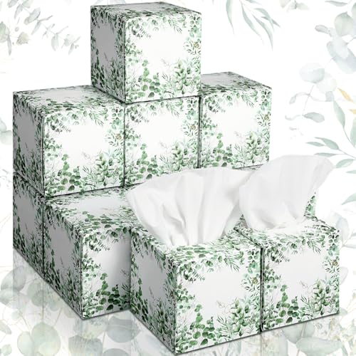 Image of Fourluoo 12 Pack Eucalyptus Facial Tissues Cube Boxes, 600 Sheets 3 Ply | Small Square for Bedroom Car Office Desk, Green Eucalyptus Leaf Print, Soft Tissues Bulk for Fall Spring Home Decor Supplies