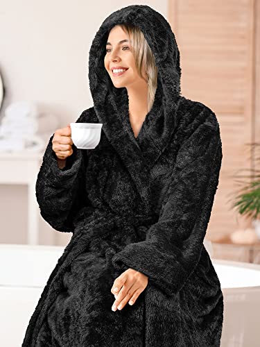 Pavilia Women Hooded Plush Soft Robe | Fluffy Warm Fleece Sherpa Shaggy Bathrobe (L/Xl, Black) #TOP4