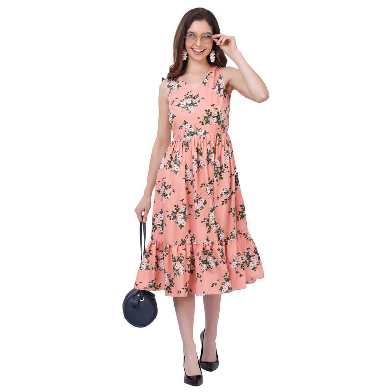 Image of Women's Crepe A-Line Knee Length Dress | Western Sleeveless Dress for Girls | Flared Frock | Frill Midi | Knee Gown