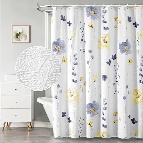 QIYI Watercolor Floral Shower Curtain, 3D Embossed Butterflies Blue Yellow Flower Bathroom Curtain, Minimalist White Cloth Bath Curtain, Waterproof Fabric Textured Shower Curtain Set with Hooks, 72x72