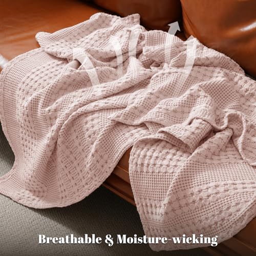 Image of PHF 100% Cotton Waffle Blanket Queen Size for Bed, Lightweight Breathable and Soft for Summer, Luxury Aesthetic Waffle Weave Blanket for Home Decor & Gifts for Women, 90 inchx90 inch, Pink /Mauve