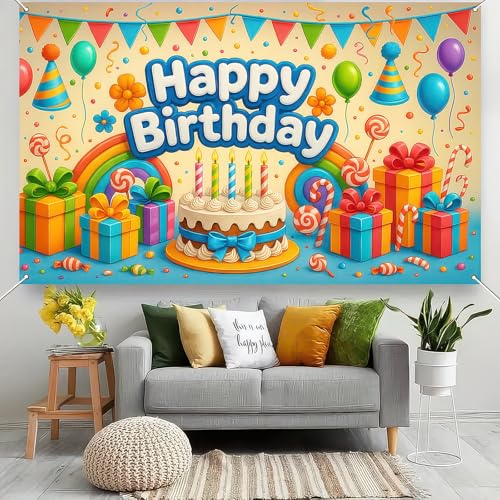 Image of BlissYard Rainbow Cake Birthday Banner Backdrop 71x43 Inch