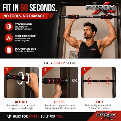 Image of Fitrox Pro Doorway Pull-Up Bar, Adjustable Chin-Up Bar with Foam Grip, Home Gym Workout, Tool Free