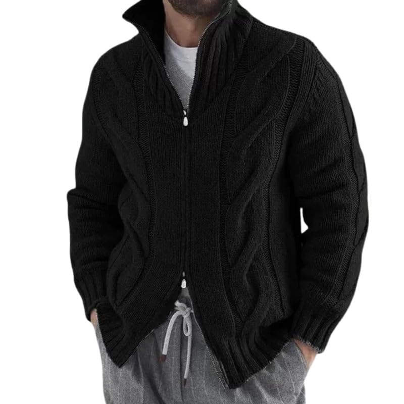 bifanxi Men's Cable Knit Cardigan Sweater with Button Closure and Pockets for Autumn and Winter | Black | 3XL-picture-21