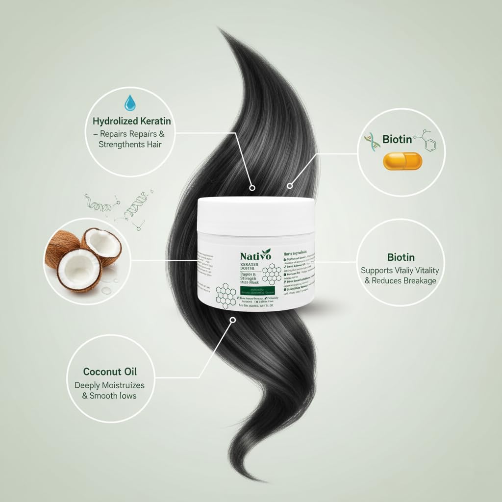 Nativo Keratin Biotin Repair & Strength Hair Mask, Deep Conditioning Treatment with Hydrolyzed Keratin, Coconut Oil, Plant-Based, Paraben-Free, 200g 2