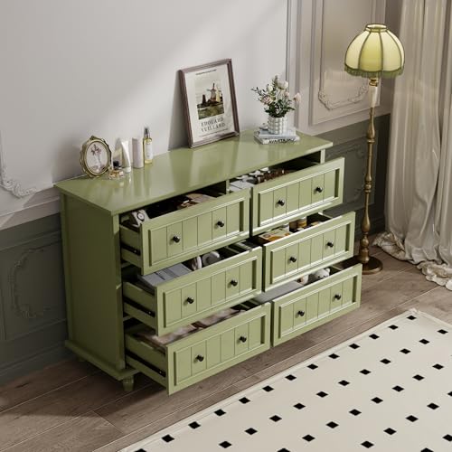 Image of Green 6 Drawer Dresser, Vintage Chest of Drawers, 47.2'' Bedroom Cabinet | Large Capacity, Farmhouse Dresser for Closet, Wood Storage Cabinet, Antique Roman Column Legs, Painted Finish, Easy Assembly