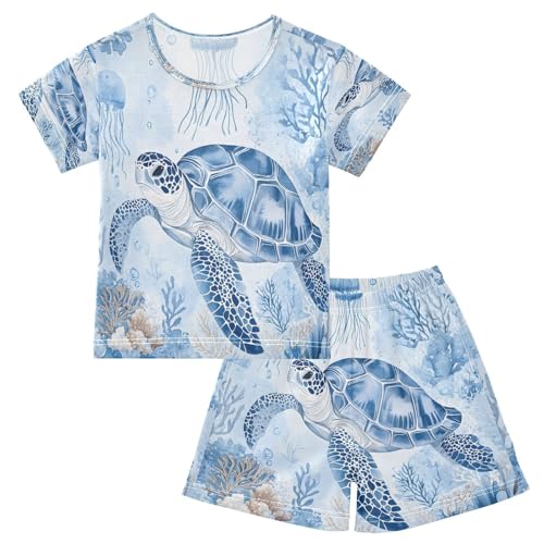 ALAZA Turtle Jellyfish Coral Reef Watercolor Pajamas Set Short Sleeve Cotton Sleepwear Summer Pjs 2 Piece 5-14Y