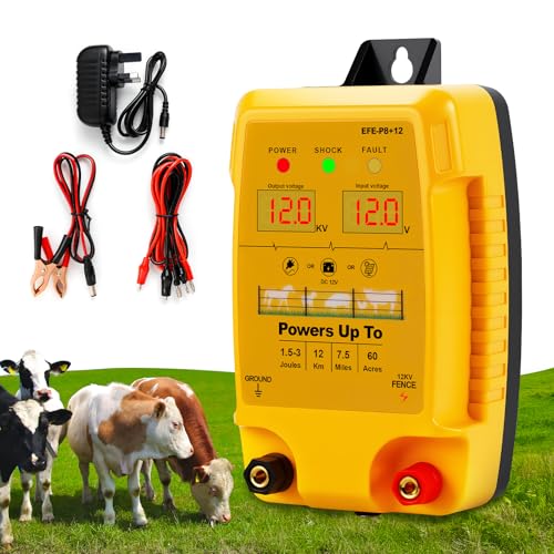 Dispositif de clôture électrique 12 V avec affichage LED, portée 15 km, 2 Joules, 12 kV, pour la protection des animaux de ferme, de la volaille, des...