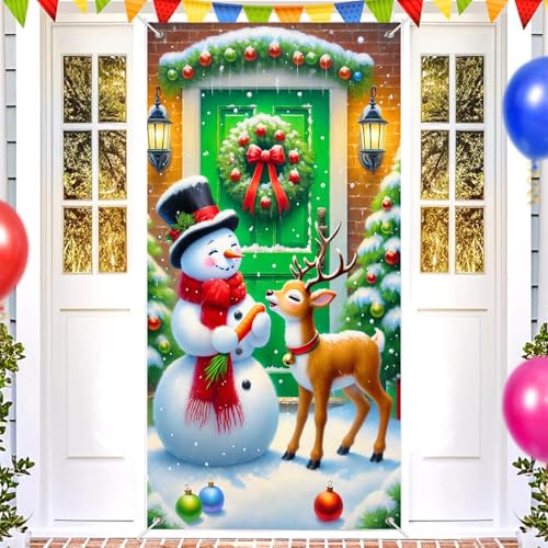 Image of BlissYard Christmas Door Cover Green Snowman 35x71 Inch Polyester