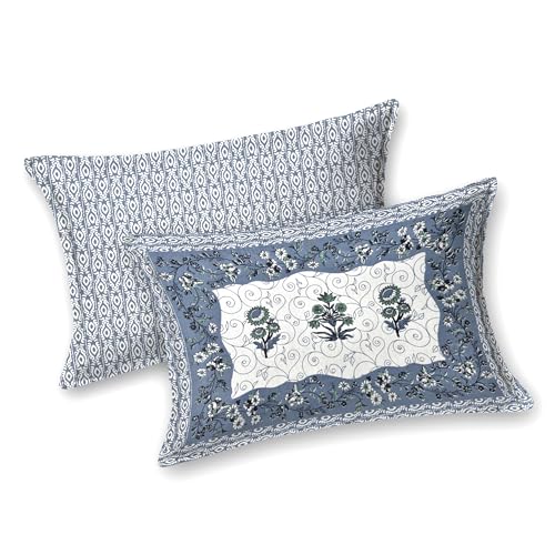 Image of BLOCKS OF INDIA Hand Block Printed 300 TC Cotton Super King Size Bedsheet(106 x 106) (GAD Blue)