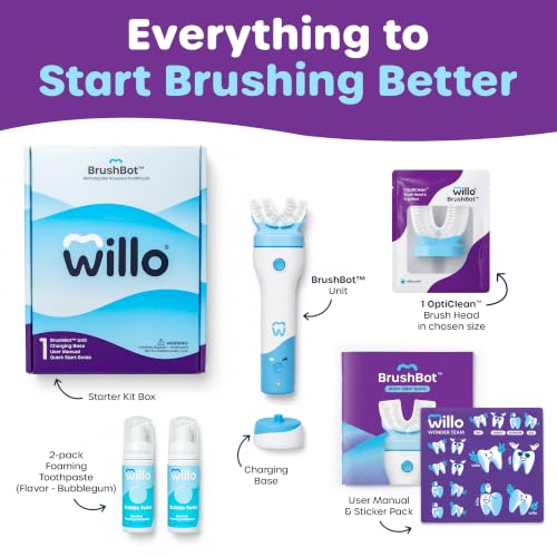Image of Willo BrushBot Kids Toothbrush Kit, Medium Bubble Dye-Free | U-Shaped, Electric, Automatic, Rechargeable, with 2 Minute Timer, App Connectivity, Soft Bristles, Plaque Removal