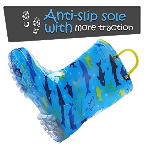 K KomForme Toddler Light Up Rain Boots Patterns and Glitter Rain Boots for Girls Boys with Handles,Blue shark,104