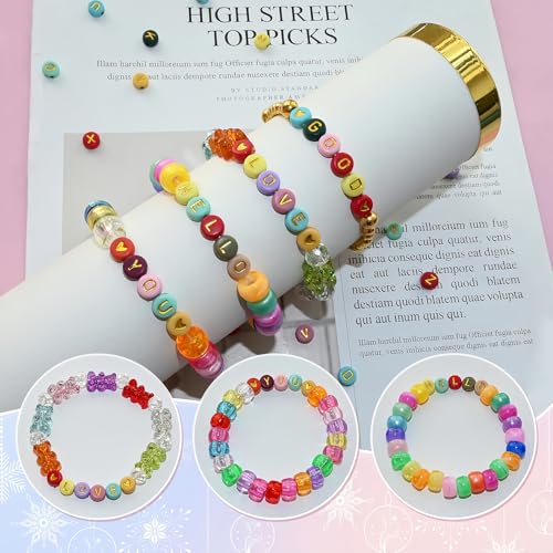 Image of Amaney 1400pcs Letter Beads 4x7mm Gold on Colors Round Acrylic Alphabet A-Z Heart Beads and Crystal Line for Jewelry Making Bracelets Necklaces Key Chains