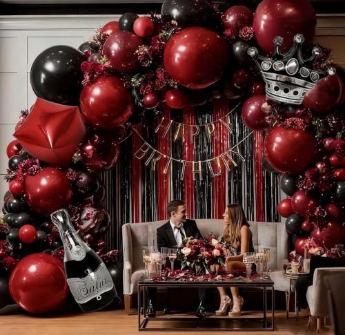 Image of Red Black Party Balloon Kit 2pack Foil Fringe Curtains,Square Foil Wine Bottle Crown Balloons Doubled Burgundy Black Balloon Arch for Birthday Bachelorette Gothic Vampire Celebration Wine Party Decor