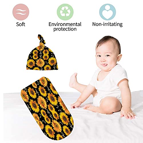 Image of Sunflower Music Note Newborn Swaddle Blankets Beanie Hat Sets,Newborn Receiving Blanket for Boy Girl,Swaddle Sack Shower Infant Gift, One Size