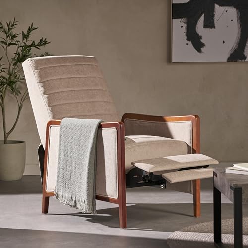 Mid Century Modern Fabric Channel Stitch Wood Pushback Recliner