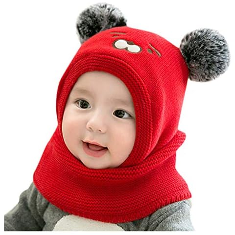 SINGOing Unisex Children's Beanie Hat Tube Scarf Set Knitted Hat Girls Boys Warm Knitted Hats Wool Cap Winter Hat Kids Wool Hat Cartoon Warm Ear Flap - Red - One Size Cover