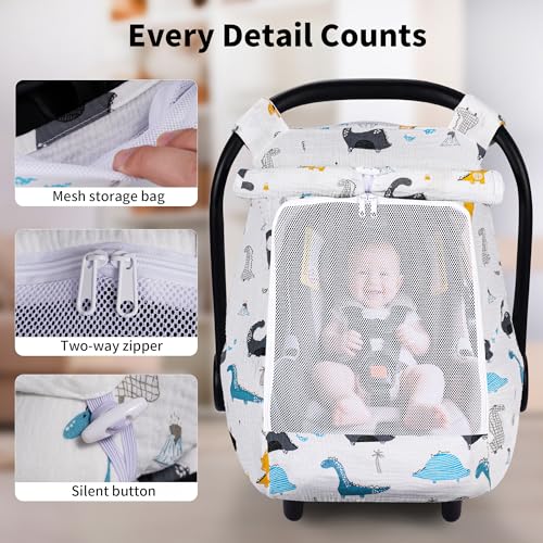 Image of Rquite Car Seat Cover Baby, Carseat Covers Girl Boy, Breathable Muslin Cotton, Large Mesh Window, Infant Car Seat Canopy Baby Carrier Cover Stroller Sun Shade for Summer & Hot Day