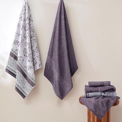 Image of Modern Threads 6 Piece Bath Towel Set - Bathroom Set with 2 Bath Towels, 2 Hand Towels, and 2 Wash Cloths - 100% Cotton, Super Absorbent & Extra Soft - Reversible Floral Trail (Purple)