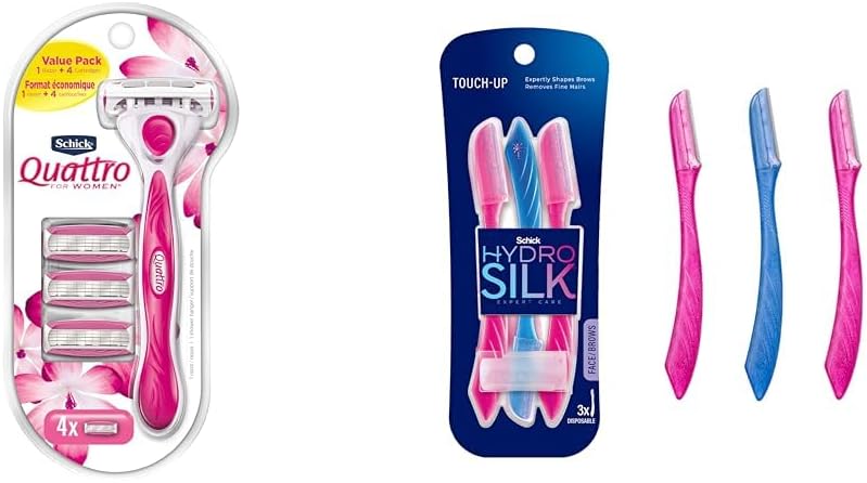 Schick Quattro for Women Value Pack with 1 Razor and 4 Razor Blade Refills & Schick Hydro Silk Touch-Up Exfoliating Dermaplaning Tool, Face & Eyebrow Razor