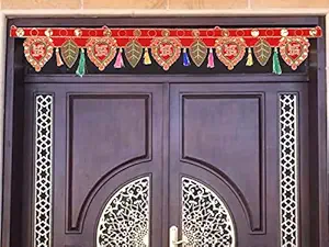 Swastik Design Toran for Door Leaf Design Toranam for Diwali Decoration Color Toran for Pooja Room Velvet Bandarwal Pompom Bandhanwar (Size 38 Inches x 5 Inches)