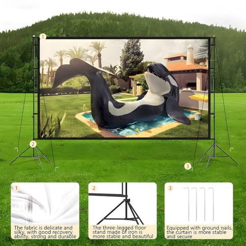 Pantalla de proyector con soporte, pantalla portátil con bolsa de transporte, pantalla de proyección frontal y trasera HD 4K 16:9 para cine en casa y noche de películas al aire libre (60 pulgadas) miniatura 3
