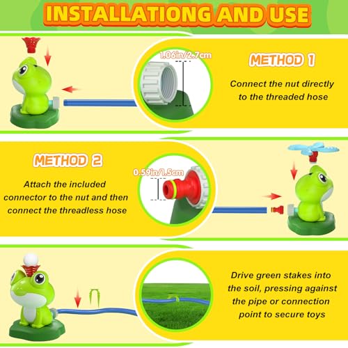 Water Sprinkler Baseball Toy for Kids: 2 in 1 Frog Sprinkler Tee Ball Set with 2 Sprinkler Heads 360° Roating Spray Water Outdoor Play for Boys Girls Summer Splashing Fun Backyard Lawn Pool Party Game
