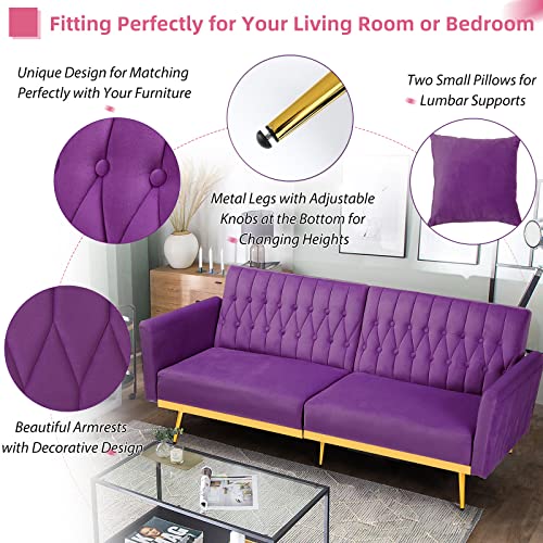 Acmease 70” Velvet Futon Sofa Bed With 2 Pillows And Adjustable Armrests, Convertible Sleeper Bed, Modern Loveseat For Living Room, Bedroom, Purple #TOP4
