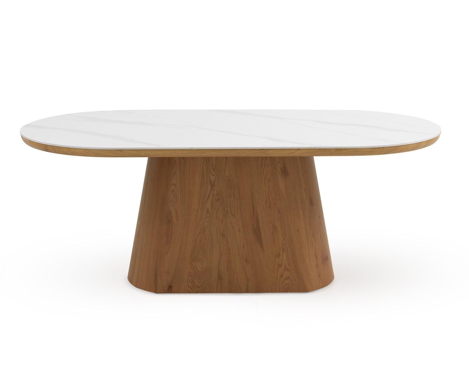 Table à manger ovale 200 x 100 cm MDF chêne avec surface en céramique effet marbre blanc Calacatta, design élégant et moderne pour salon ou salle à manger