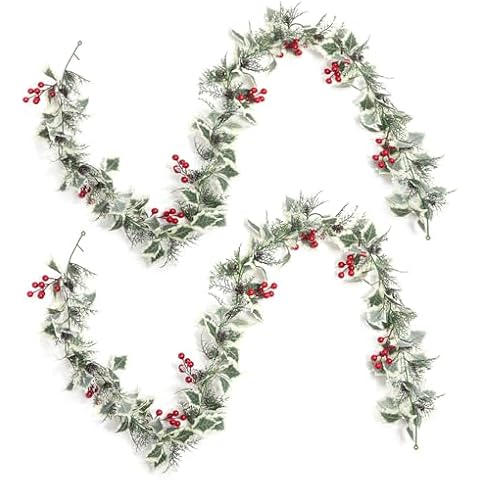 LOHASBEE Christmas Garland, 6FT Christmas Garland (2 Pack) - Decorative Green Leaves, Red Berries, and Frosted Pinecones for Holiday Cheer Christmas Decor Cover