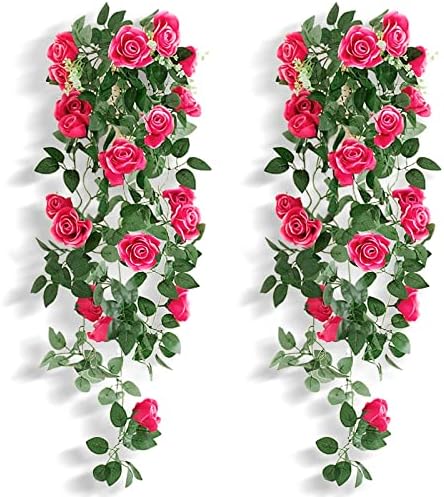 MJARTORIA 2Pack Artificial Rose Flowers Artificial Hanging Basket Plant Vine Fake Silk Trailing Flower for Garden Wall Fence Wedding Balcony Outdoor Indoor Home Door Decoration