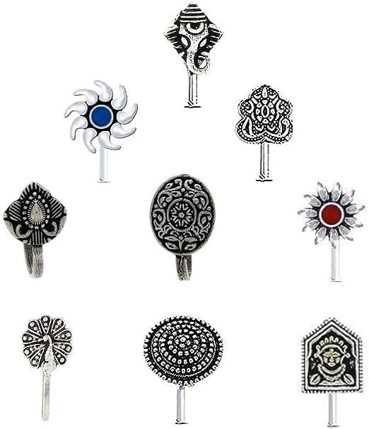 Anuradha ArtOxidised nose pin for women | Clip on | Press On | Without piercing | Silver | Latest nose pin deigns