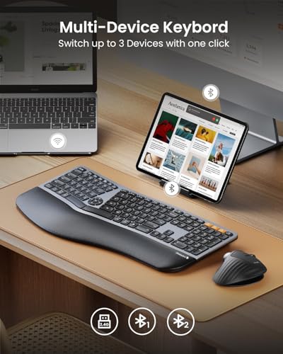 Backlit Bluetooth Ergonomic Keyboard, ProtoArc EK01 Plus Full Size Wireless Split Keyboard with Dual Bluetooth and USB, Cushioned Wrist Rest, Rechargeable for Windows/Mac/Android, Grey Black - Image 4