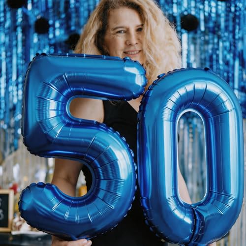 Image of Number Balloons Navy Blue Balloons - Giant Number 50 Balloon, Blue 50th Number Balloon Birthday Decorations for Him