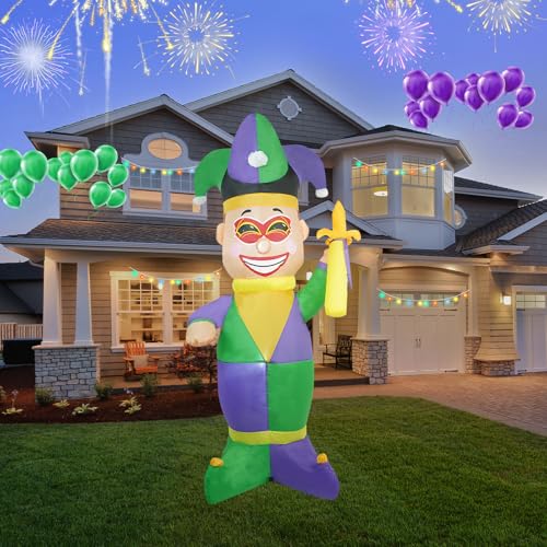 [2026 New] 5FT Huge Clown Inflatable Mardi Gras Inflatable Decoration Decorations Build-in LED Lights Mardi Gras Blow up Outdoor Yard Decorations for Party Indoor Home Celebration Garden Lawn