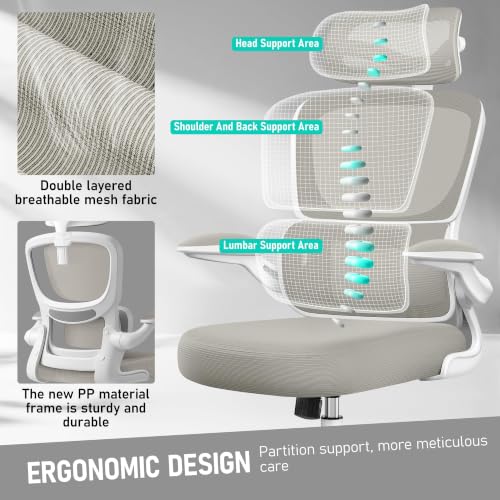 Image of BESTFAIR High Back Ergonomic Office Chair, Breathable Mesh Desk Chair with Lumbar Support, Adjustable Headrest, Flip-up Armrests, Computer Gaming Chair, (LightGray)