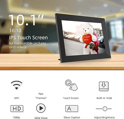 Porta-retrato digital de 10,1 polegadas, WiFi, 1 GB de RAM, 16 GB de memória, tela IPS de 1280x800,