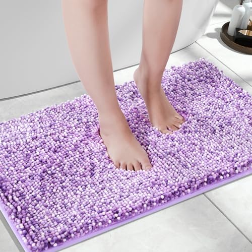 Image of Yimobra Chenille Bathroom Rugs, 28x17.5, Extra Soft Bath Mats for Bathroom Non Slip, Fluffy Plush Luxury Shower Mat Outside, Water Absorbent, Machine Washable, Purple & Lavender