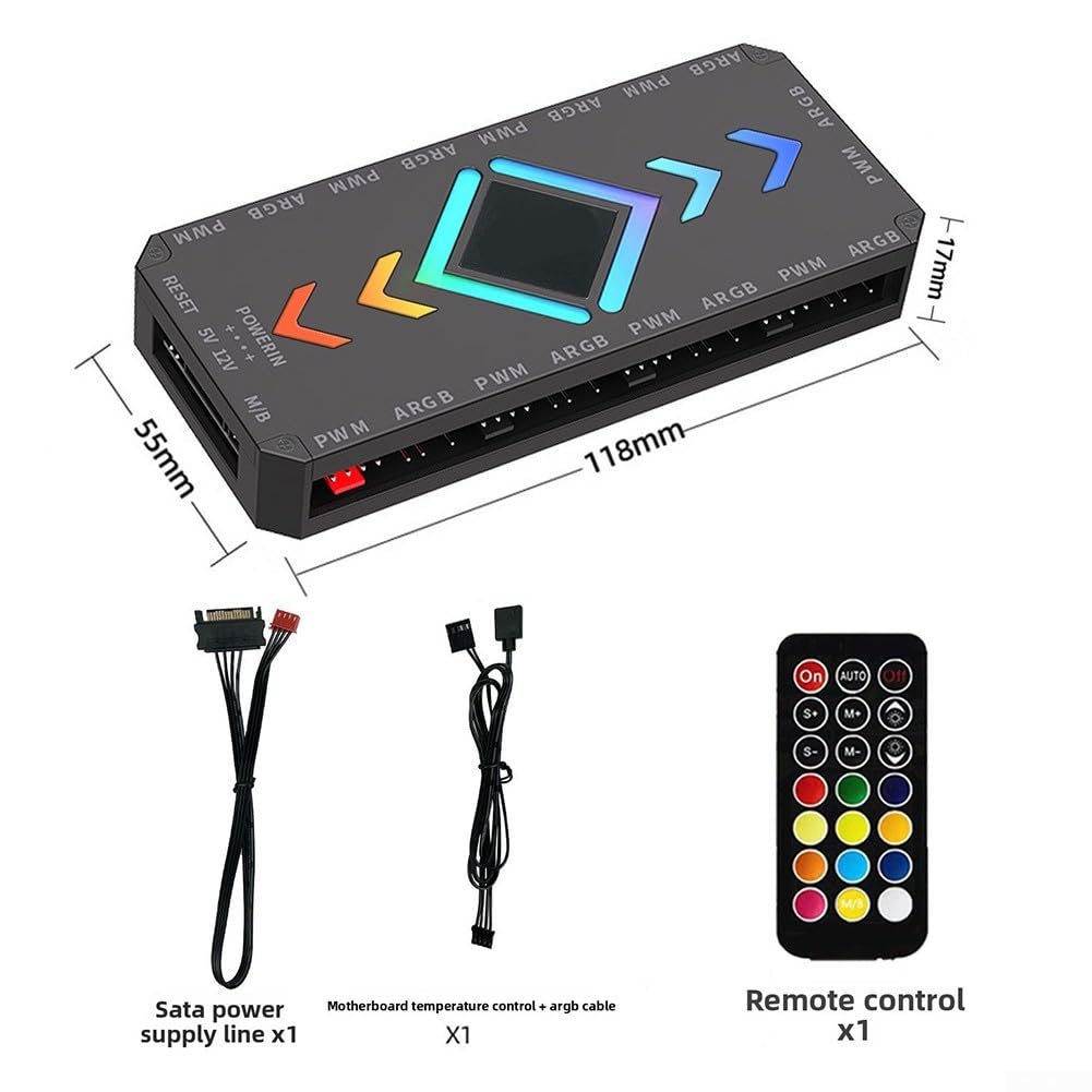 ARGB Controller Hub con 9 porte, controllo della ventola da 5 V a 3 pin, controllo della temperatura, magnetico, telecomando senza fili per alloggiamento PC (nero)