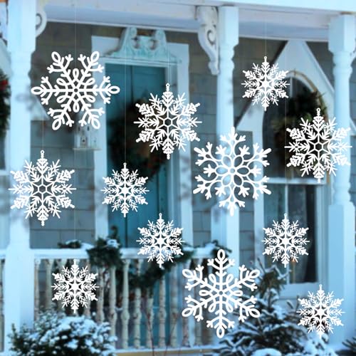 Image of 24pcs Large Christmas Hanging Snowflakes Decorations Outdoor - White Big Snowflake in Different Sizes for Winter Decoration Indoor Outdoor Christmas Tree Holiday Decor