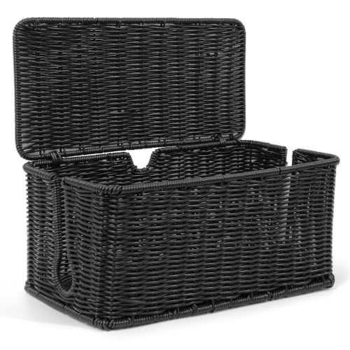 Image of ZhiYo Rattan Cable Management Box, Black Cord Organizer, 13.5 inch x 6.2 inch x 6 inch | Handwoven imitation rattan cord hider box conceals power strips and cables for a clean desk or floor setup