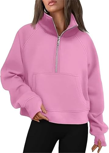 Kenhansion Womens Sweatshirts Half Zip Cropped Pullover Sweatshirt Quarter Zipper Fleece Hoodies Fall Sweater with Thumb Hole (Pink,Large)