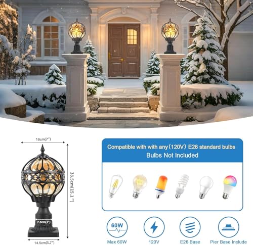 Outdoor Post Light Fixtures for Driveway Yard Lawn Patio Garden, Black Waterproof Exterior Pier Mount Post Light Outside Aluminum Post Lamp Light