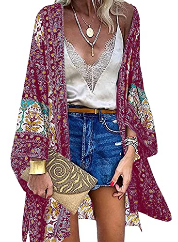 CheChury Mujer Cárdigan Kimono Vestido de Playa Floral Kaftan Bohemio Chal Suelto Kimono con Estampado Floral Pareos Playa Bohemia Tops Blusa Casual Boho Bikini Cover Up Caftan Playa Chal Verano Chic