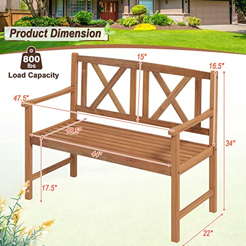 Image of Giantex Patio Garden Bench Loveseat - 2-Person Acacia Wood Bench with Armrest, Backrest, Sturdy Frame, 800lbs Capacity, Outside Park Bench for Patio, Yard, Front Porch, Outdoor Garden Bench, Natural